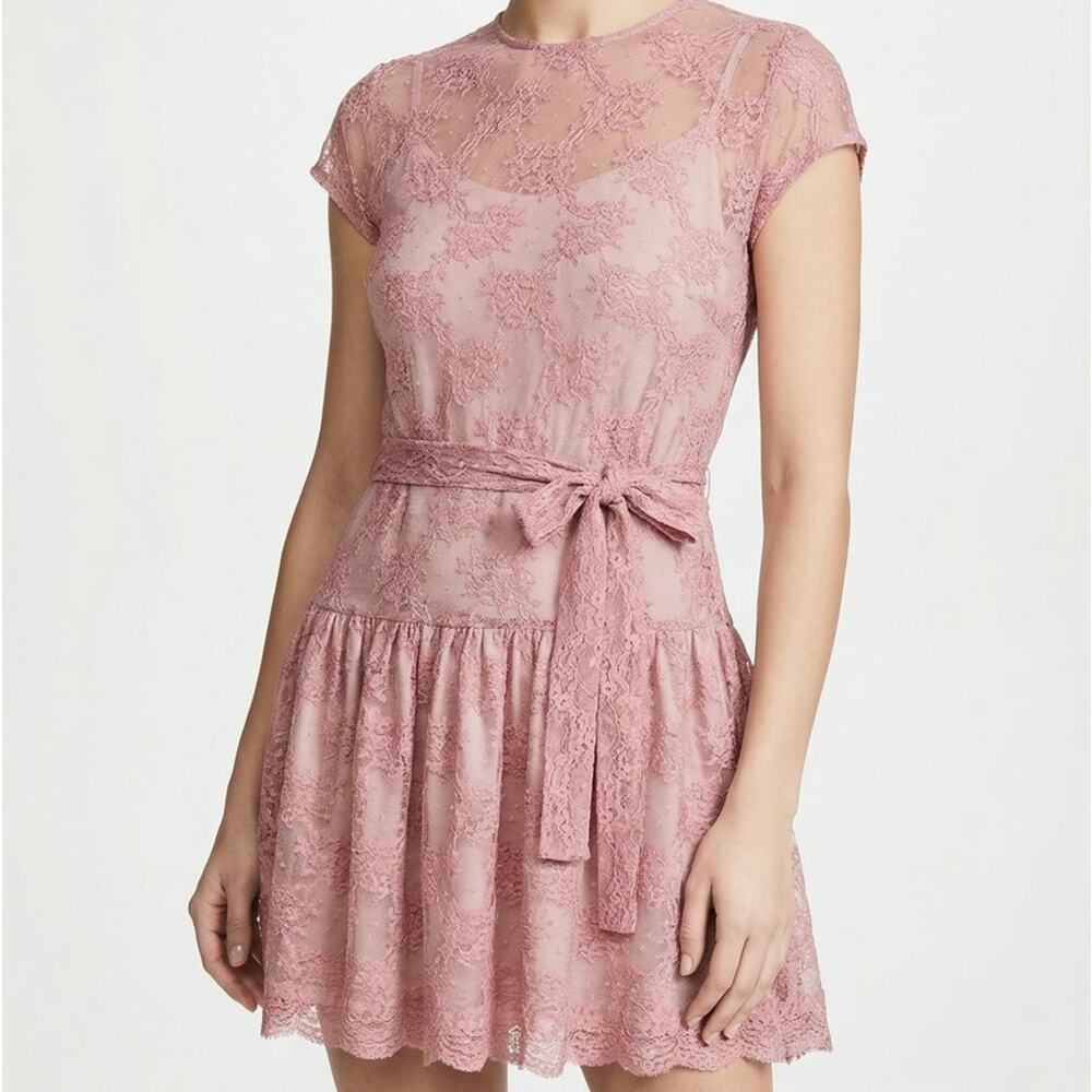 RED Valentino Lace Dress Womens IT 48/ L Pink Belted Short Sleeve Ruffle Mini